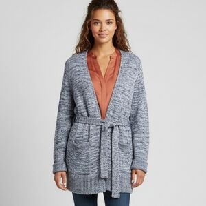 M GAP 100% Cotton Sweater Open Belted Navy Heather Knit Long Duster Beach